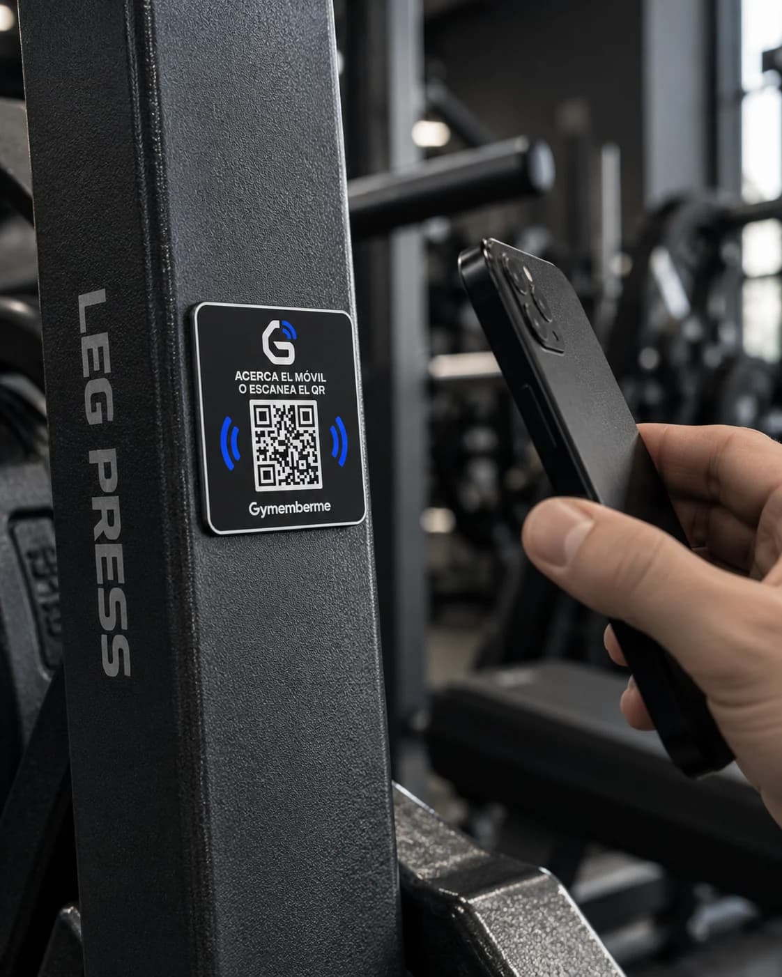 Placa Gymemberme instalada en una máquina mientras una persona acerca el móvil